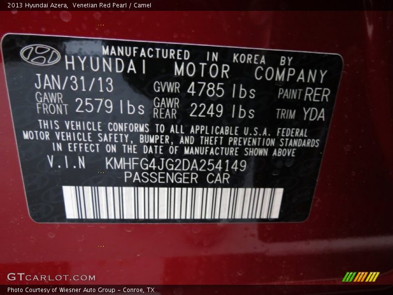 Venetian Red Pearl / Camel 2013 Hyundai Azera