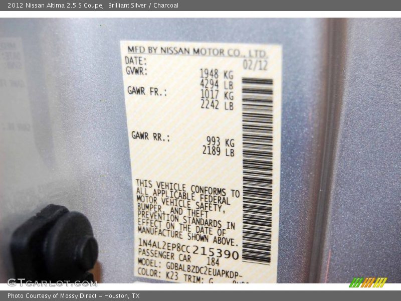 Brilliant Silver / Charcoal 2012 Nissan Altima 2.5 S Coupe