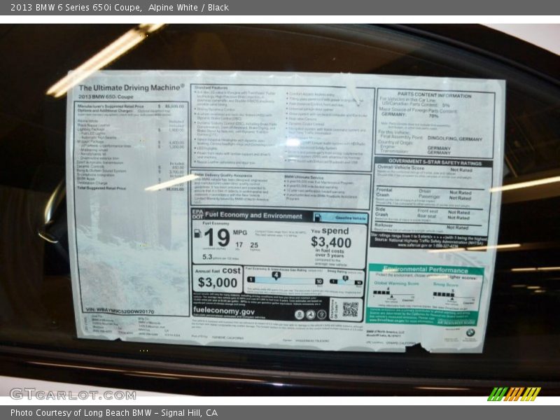 Alpine White / Black 2013 BMW 6 Series 650i Coupe