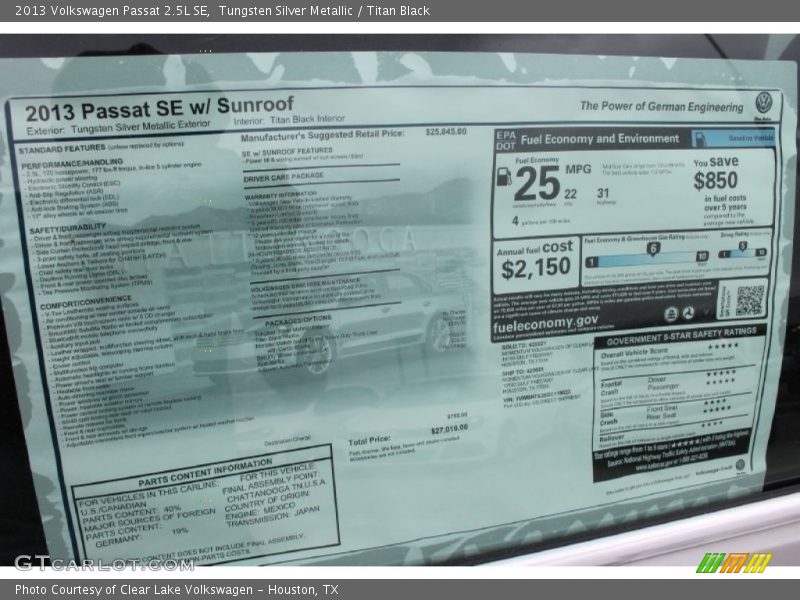 Tungsten Silver Metallic / Titan Black 2013 Volkswagen Passat 2.5L SE
