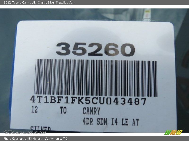 Classic Silver Metallic / Ash 2012 Toyota Camry LE