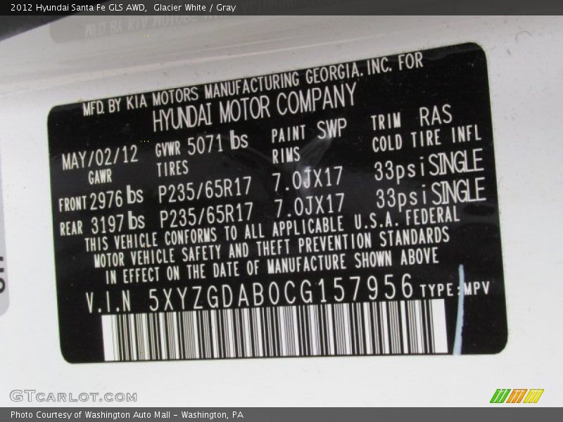 Glacier White / Gray 2012 Hyundai Santa Fe GLS AWD