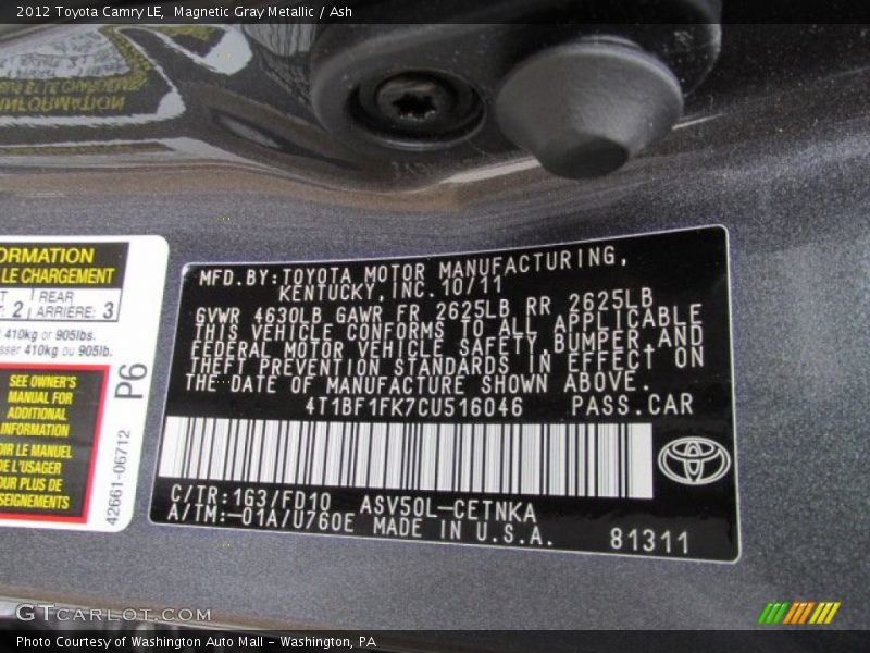 Magnetic Gray Metallic / Ash 2012 Toyota Camry LE