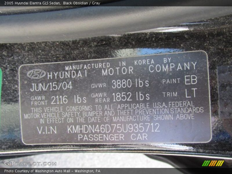 Black Obsidian / Gray 2005 Hyundai Elantra GLS Sedan