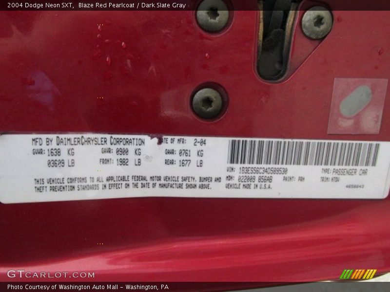 2004 Neon SXT Blaze Red Pearlcoat Color Code PRH