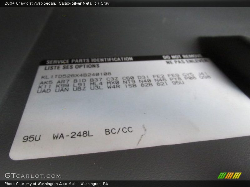 2004 Aveo Sedan Galaxy Silver Metallic Color Code WA-248L
