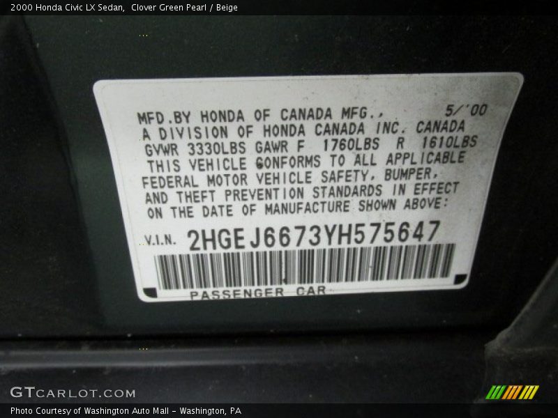 Clover Green Pearl / Beige 2000 Honda Civic LX Sedan
