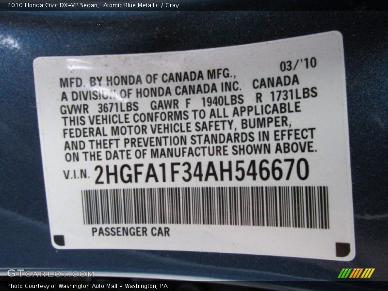 Atomic Blue Metallic / Gray 2010 Honda Civic DX-VP Sedan
