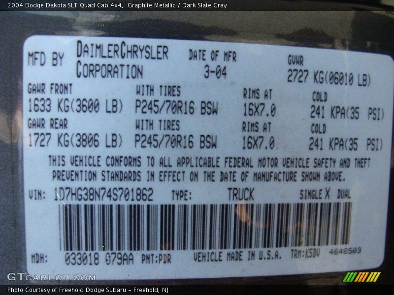 2004 Dakota SLT Quad Cab 4x4 Graphite Metallic Color Code PDR