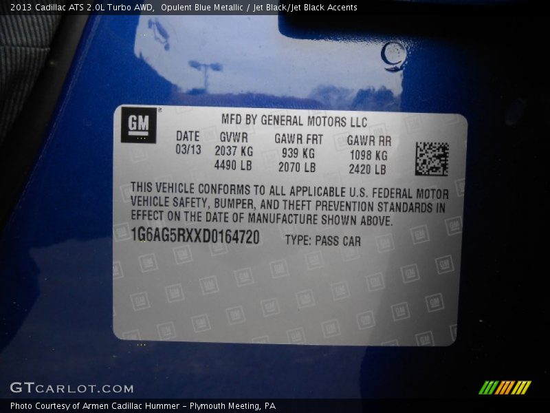 Info Tag of 2013 ATS 2.0L Turbo AWD