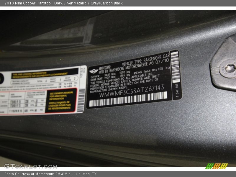 Dark Silver Metallic / Grey/Carbon Black 2010 Mini Cooper Hardtop