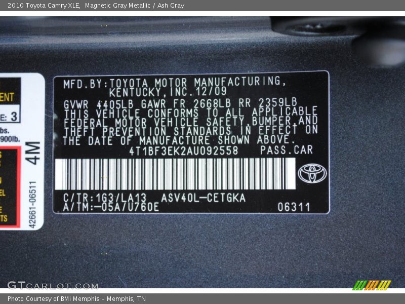 Magnetic Gray Metallic / Ash Gray 2010 Toyota Camry XLE