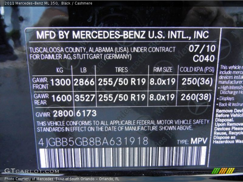 Black / Cashmere 2011 Mercedes-Benz ML 350