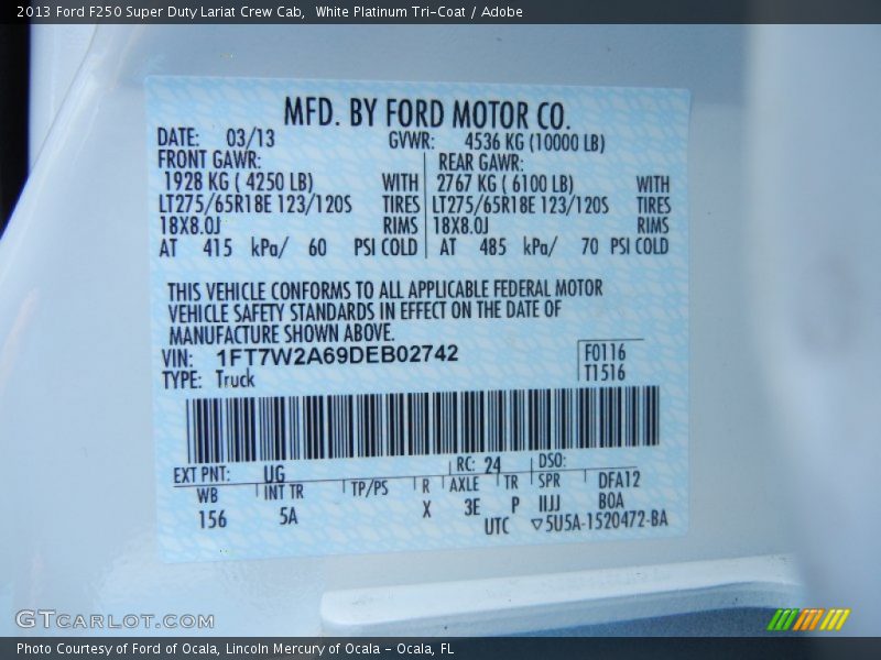 2013 F250 Super Duty Lariat Crew Cab White Platinum Tri-Coat Color Code UG