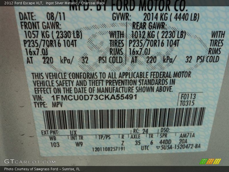 Ingot Silver Metallic / Charcoal Black 2012 Ford Escape XLT