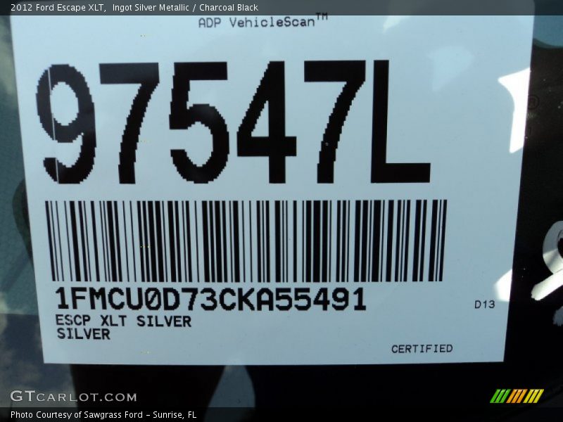 Ingot Silver Metallic / Charcoal Black 2012 Ford Escape XLT