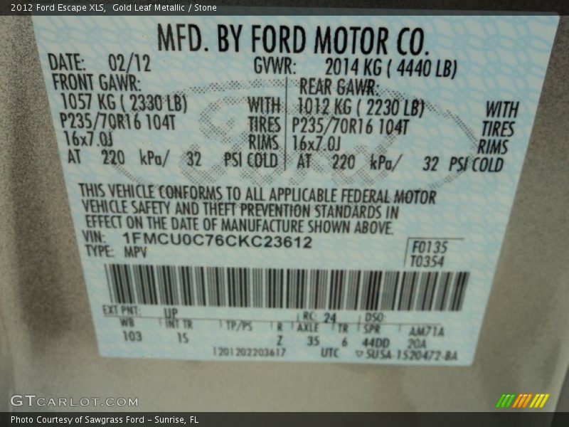 Gold Leaf Metallic / Stone 2012 Ford Escape XLS
