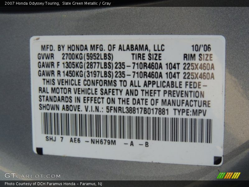 Slate Green Metallic / Gray 2007 Honda Odyssey Touring