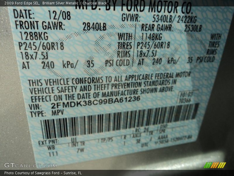 Brilliant Silver Metallic / Charcoal Black 2009 Ford Edge SEL