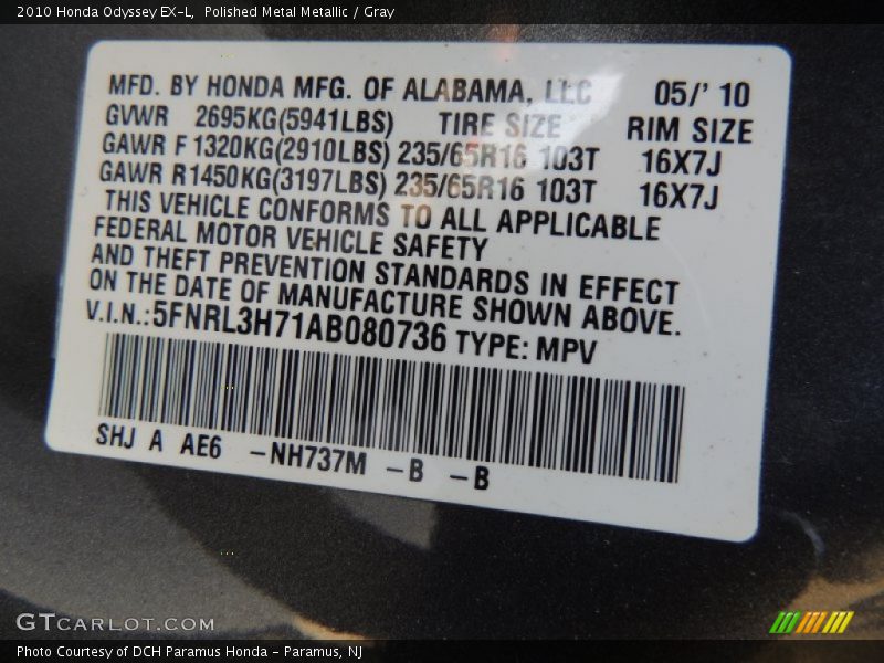 Polished Metal Metallic / Gray 2010 Honda Odyssey EX-L