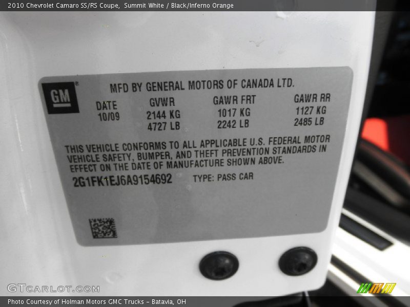 Summit White / Black/Inferno Orange 2010 Chevrolet Camaro SS/RS Coupe