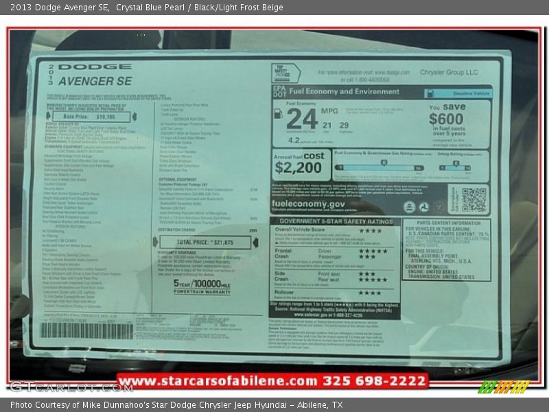 Crystal Blue Pearl / Black/Light Frost Beige 2013 Dodge Avenger SE