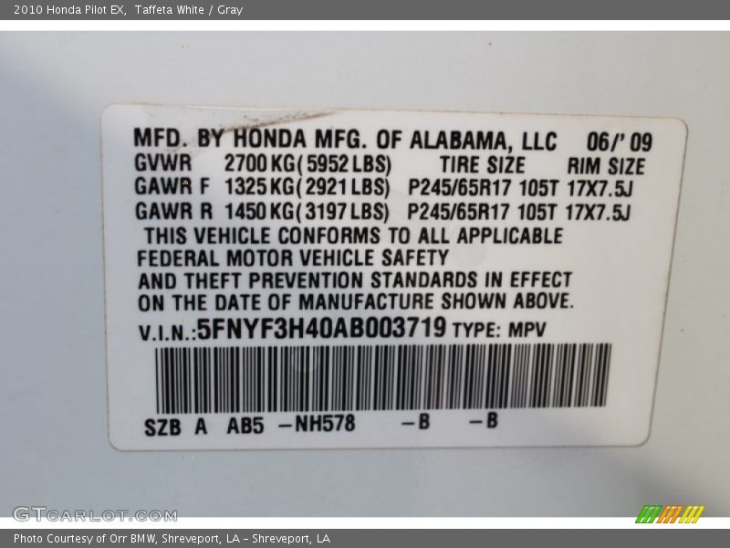 Taffeta White / Gray 2010 Honda Pilot EX