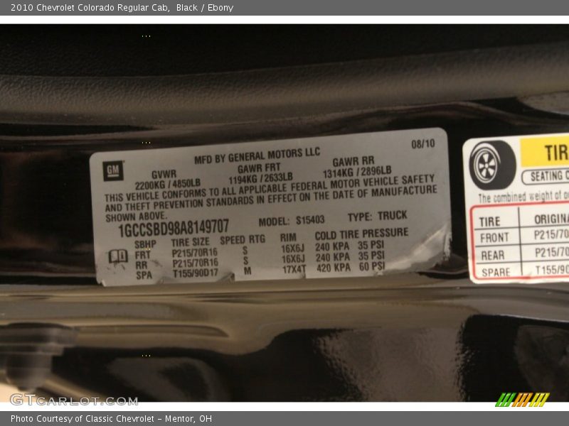 Info Tag of 2010 Colorado Regular Cab