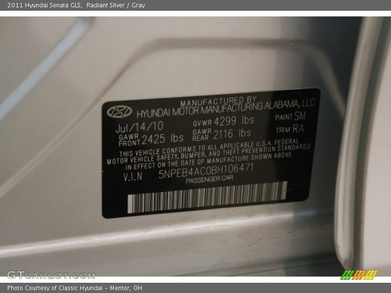Radiant Silver / Gray 2011 Hyundai Sonata GLS
