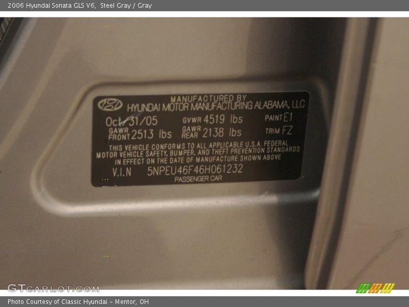 Steel Gray / Gray 2006 Hyundai Sonata GLS V6