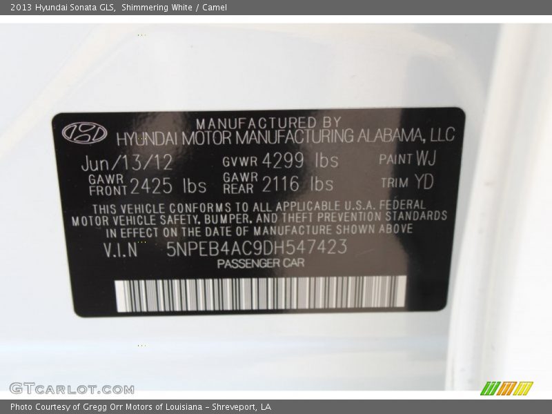 Shimmering White / Camel 2013 Hyundai Sonata GLS