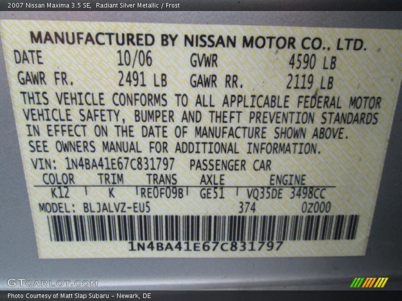 Radiant Silver Metallic / Frost 2007 Nissan Maxima 3.5 SE