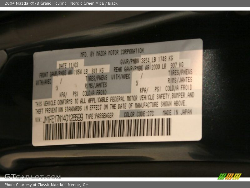 2004 RX-8 Grand Touring Nordic Green Mica Color Code 27C