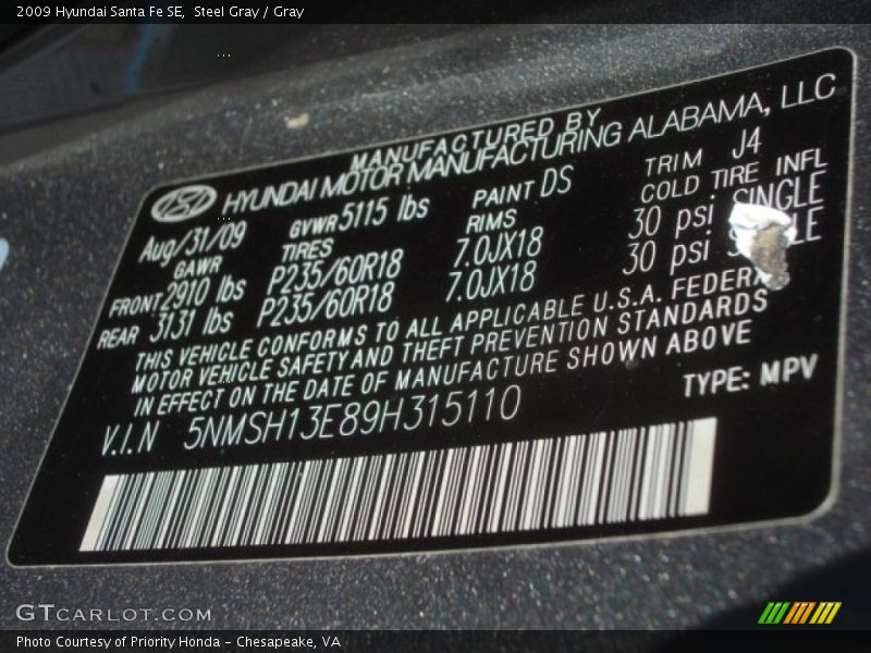 Steel Gray / Gray 2009 Hyundai Santa Fe SE