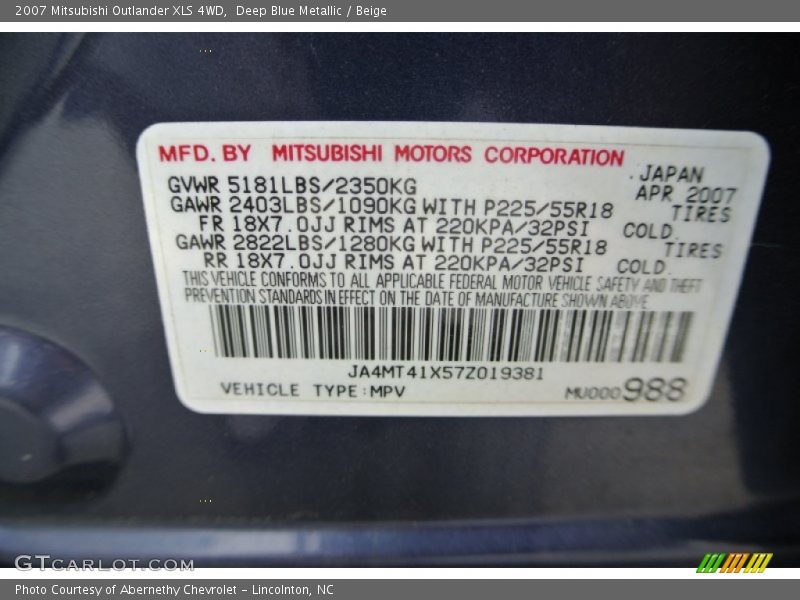 Deep Blue Metallic / Beige 2007 Mitsubishi Outlander XLS 4WD