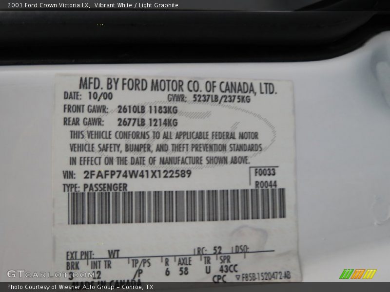 2001 Crown Victoria LX Vibrant White Color Code WT