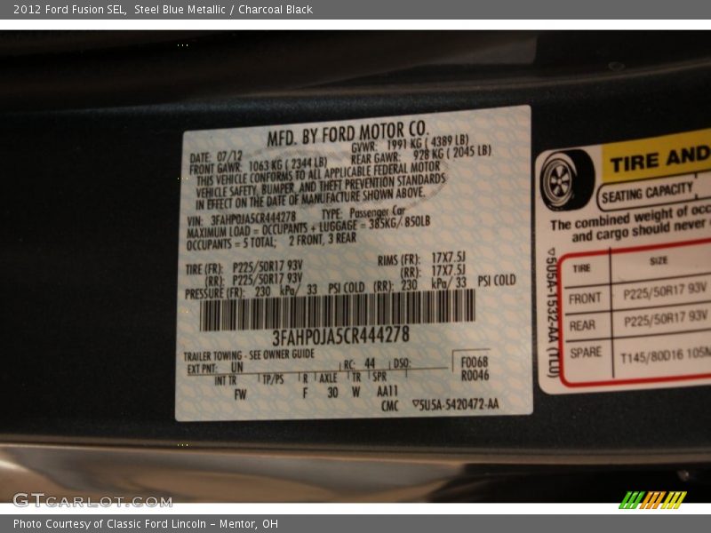 Steel Blue Metallic / Charcoal Black 2012 Ford Fusion SEL