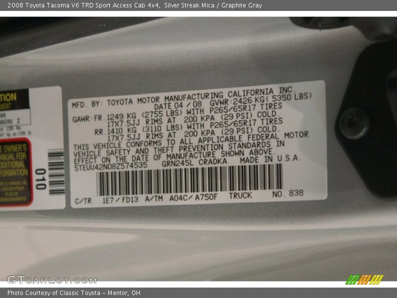 Silver Streak Mica / Graphite Gray 2008 Toyota Tacoma V6 TRD Sport Access Cab 4x4