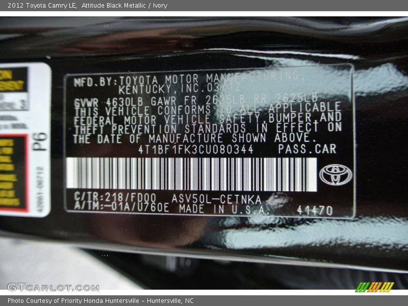Attitude Black Metallic / Ivory 2012 Toyota Camry LE