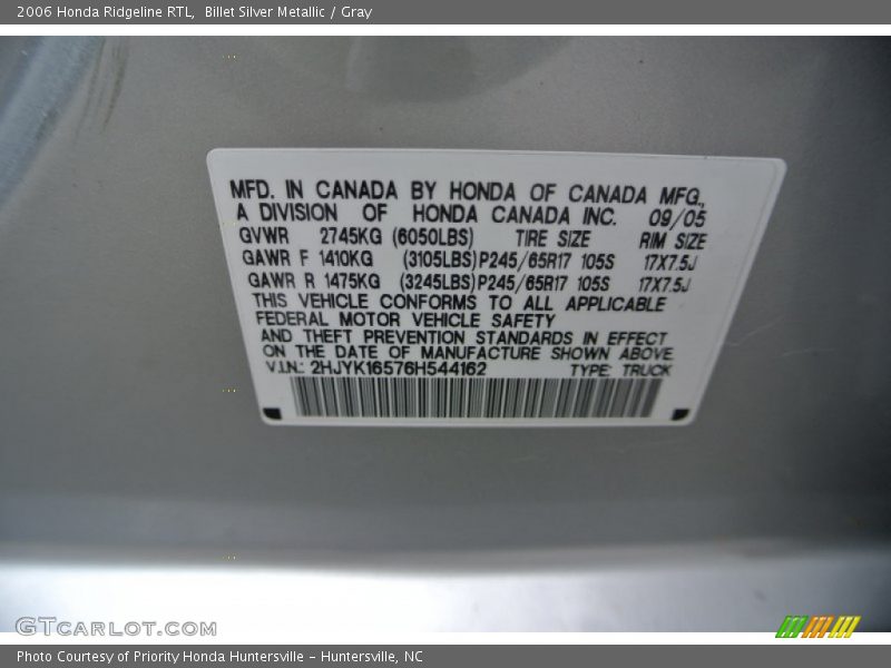 Billet Silver Metallic / Gray 2006 Honda Ridgeline RTL