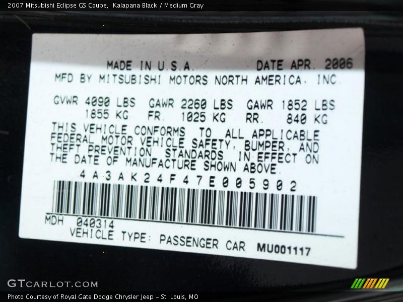 Kalapana Black / Medium Gray 2007 Mitsubishi Eclipse GS Coupe