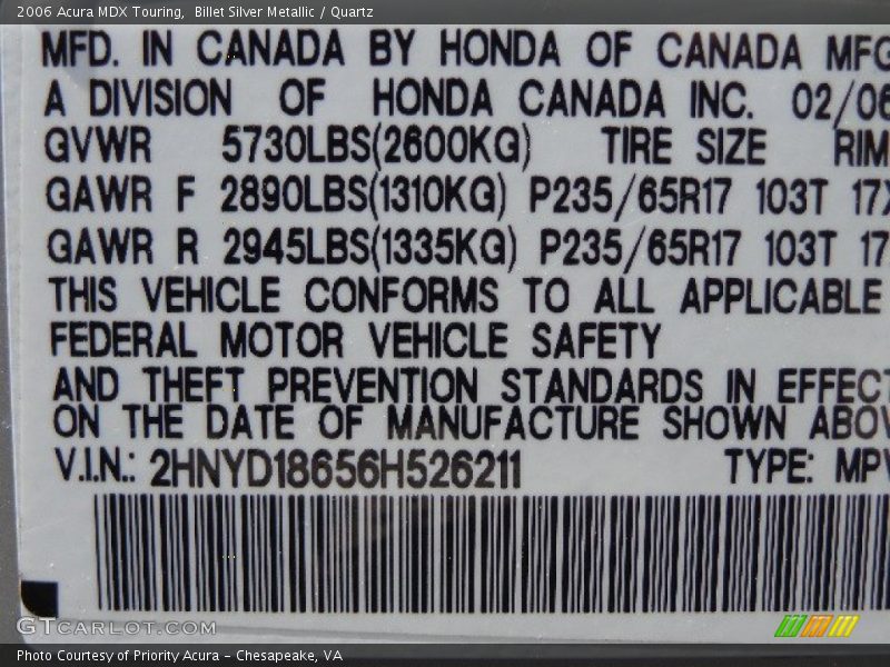 Billet Silver Metallic / Quartz 2006 Acura MDX Touring