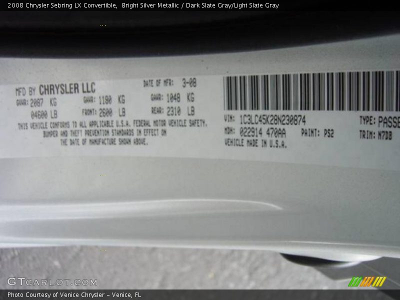Bright Silver Metallic / Dark Slate Gray/Light Slate Gray 2008 Chrysler Sebring LX Convertible