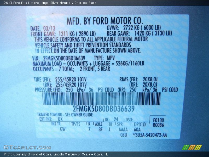 2013 Flex Limited Ingot Silver Metallic Color Code UX