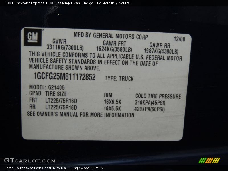 Indigo Blue Metallic / Neutral 2001 Chevrolet Express 1500 Passenger Van