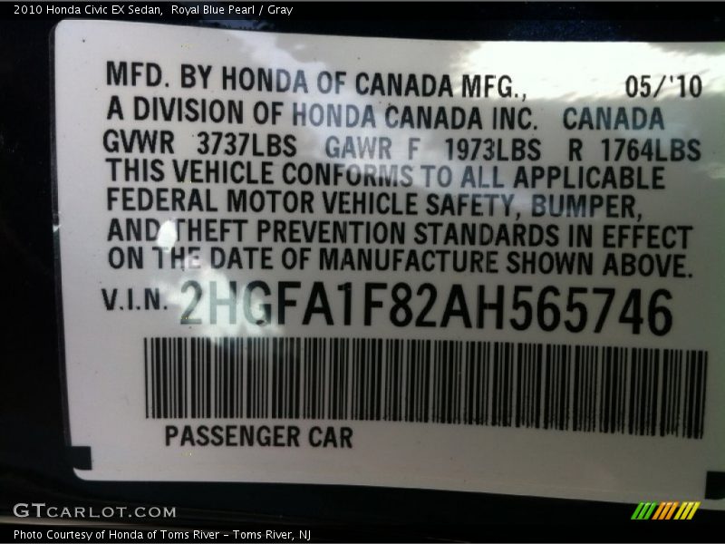 Royal Blue Pearl / Gray 2010 Honda Civic EX Sedan