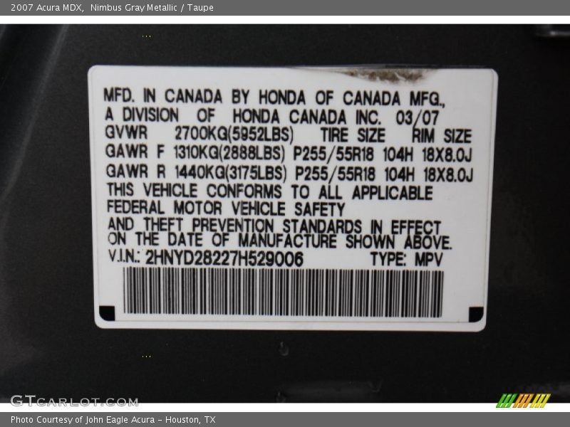 Nimbus Gray Metallic / Taupe 2007 Acura MDX