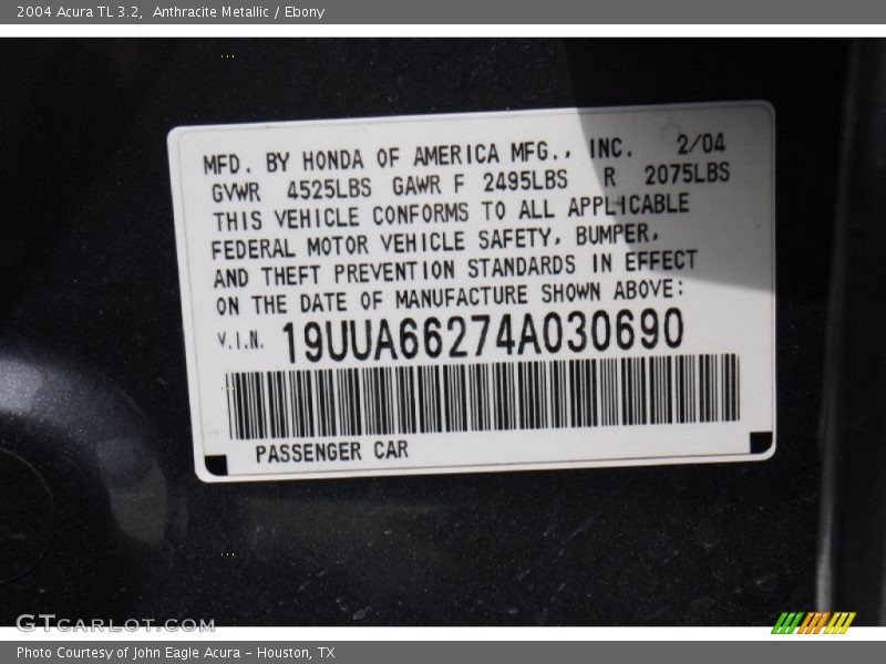 Anthracite Metallic / Ebony 2004 Acura TL 3.2