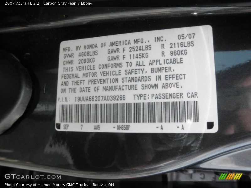 2007 TL 3.2 Carbon Gray Pearl Color Code NH658P