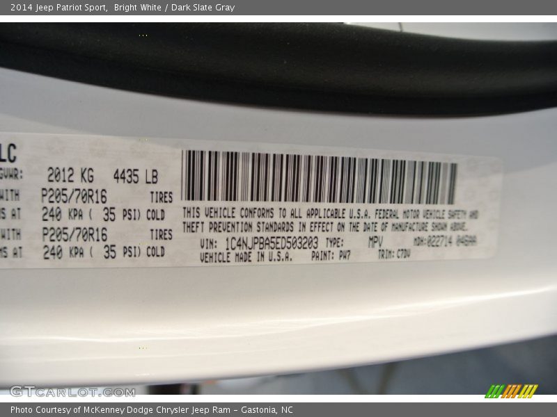 2014 Patriot Sport Bright White Color Code PW7
